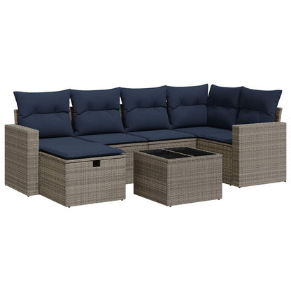 7-tlg. Garten-Sofagarnitur mit Kissen Grau Poly Rattan