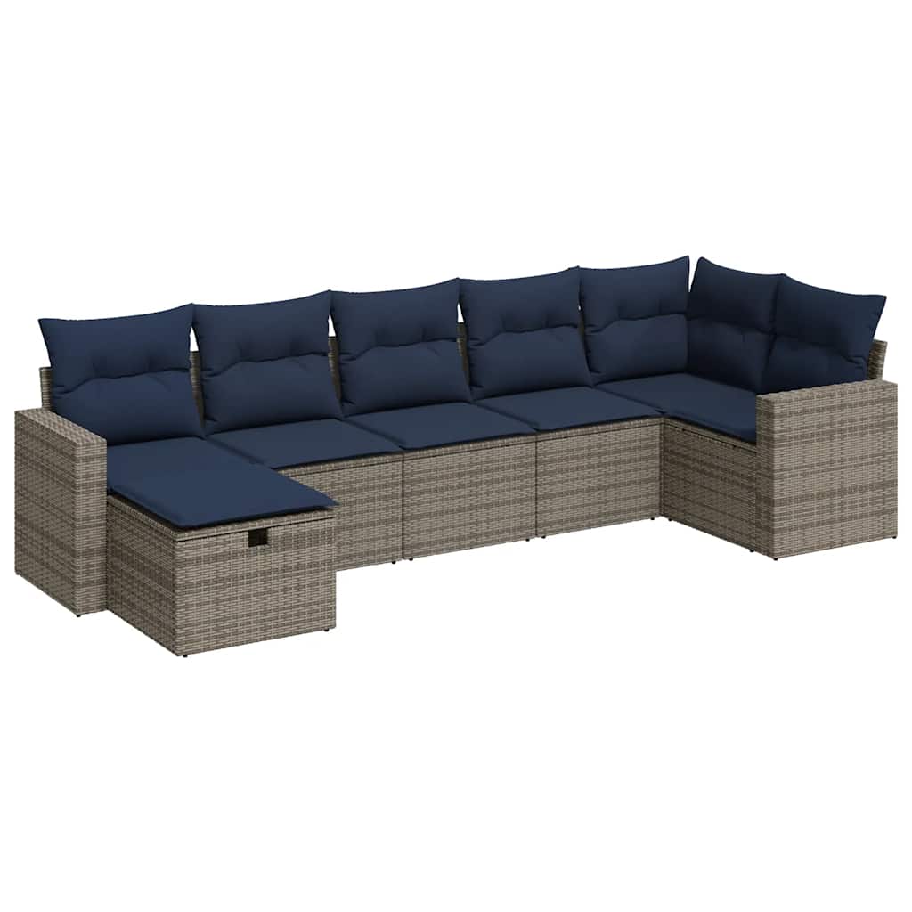 7-tlg. Garten-Sofagarnitur mit Kissen Grau Poly Rattan