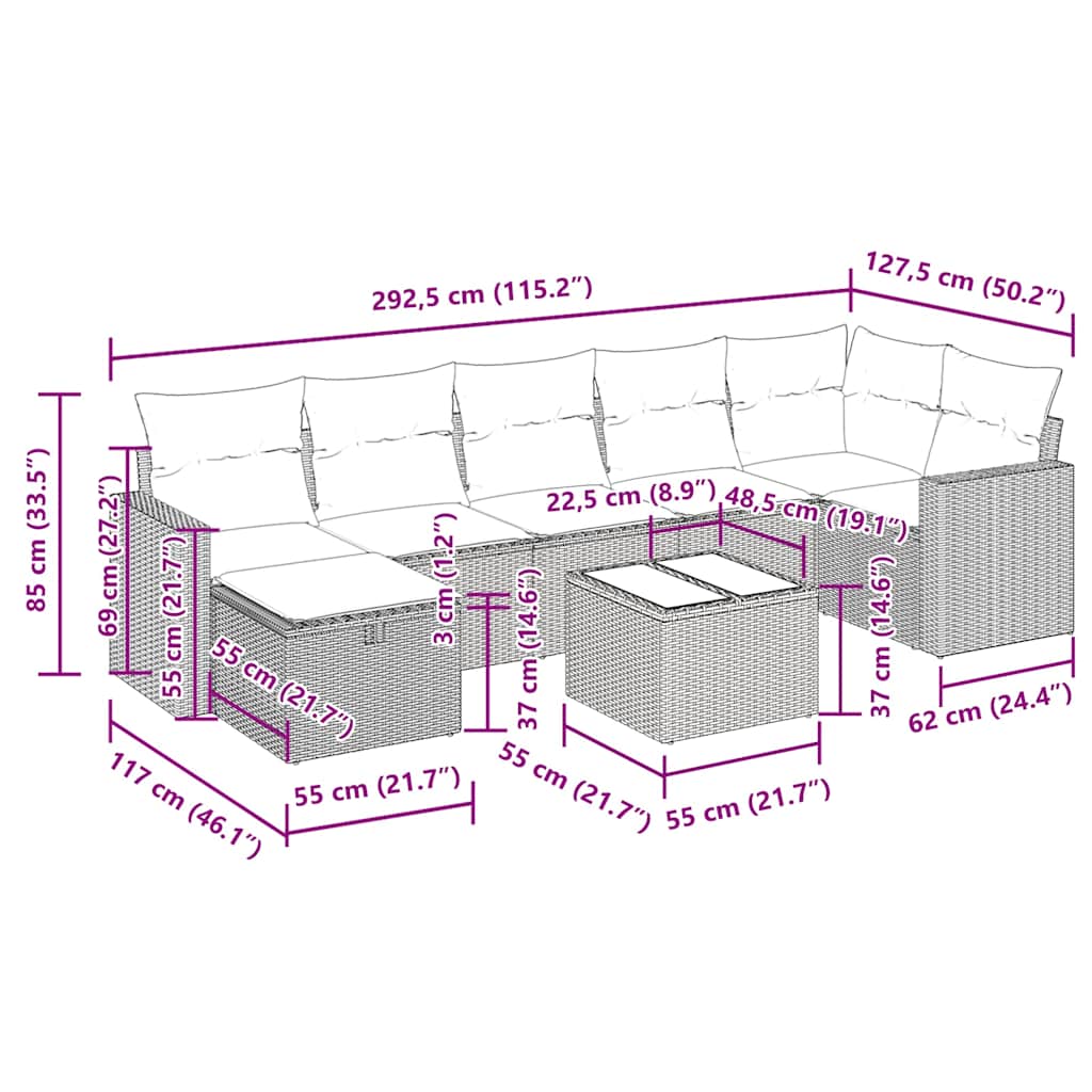 8-tlg. Garten-Sofagarnitur mit Kissen Schwarz Poly Rattan