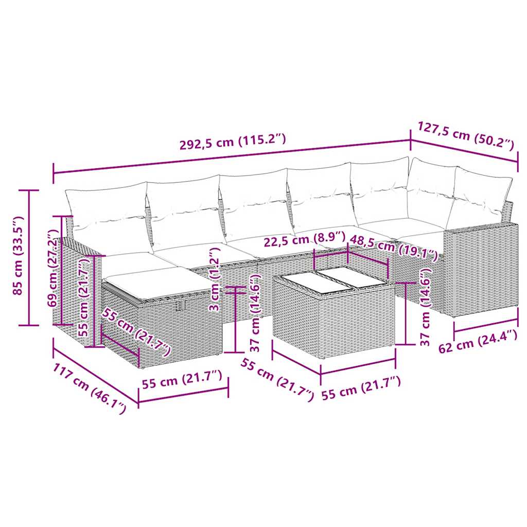 8-tlg. Garten-Sofagarnitur mit Kissen Schwarz Poly Rattan