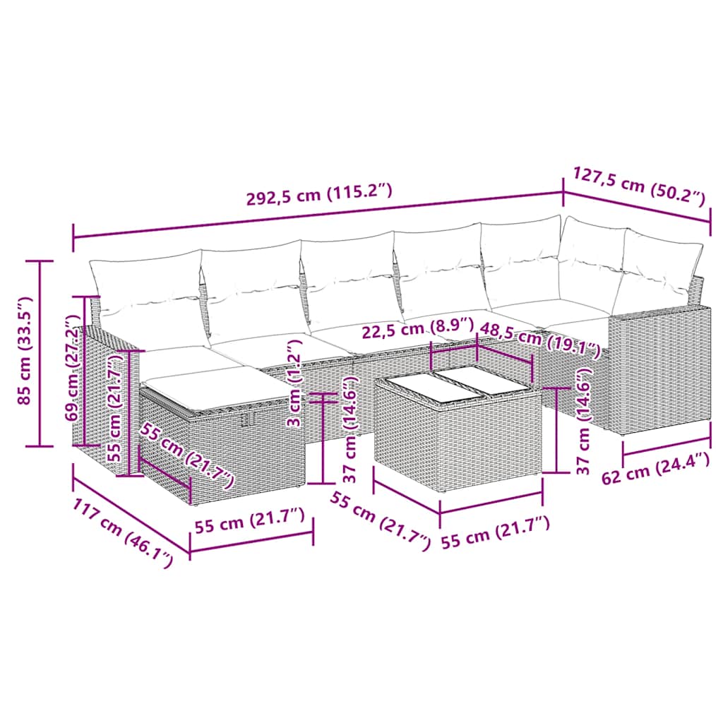8-tlg. Garten-Sofagarnitur mit Kissen Grau Poly Rattan