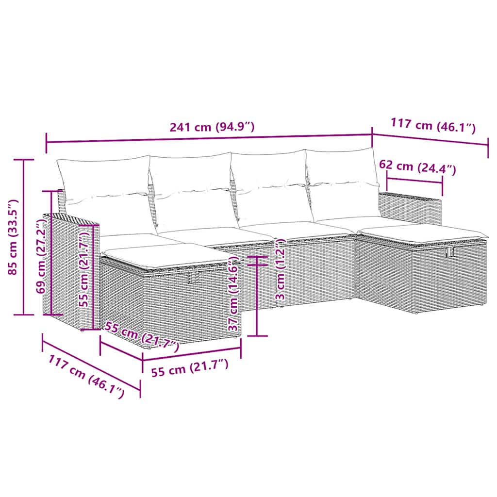 6-tlg. Garten-Sofagarnitur mit Kissen Schwarz Poly Rattan