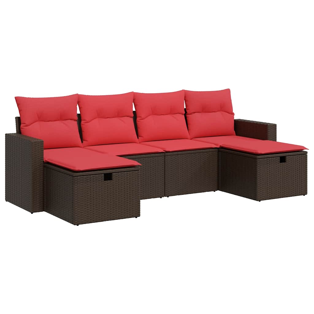 6-tlg. Garten-Sofagarnitur mit Kissen Braun Poly Rattan