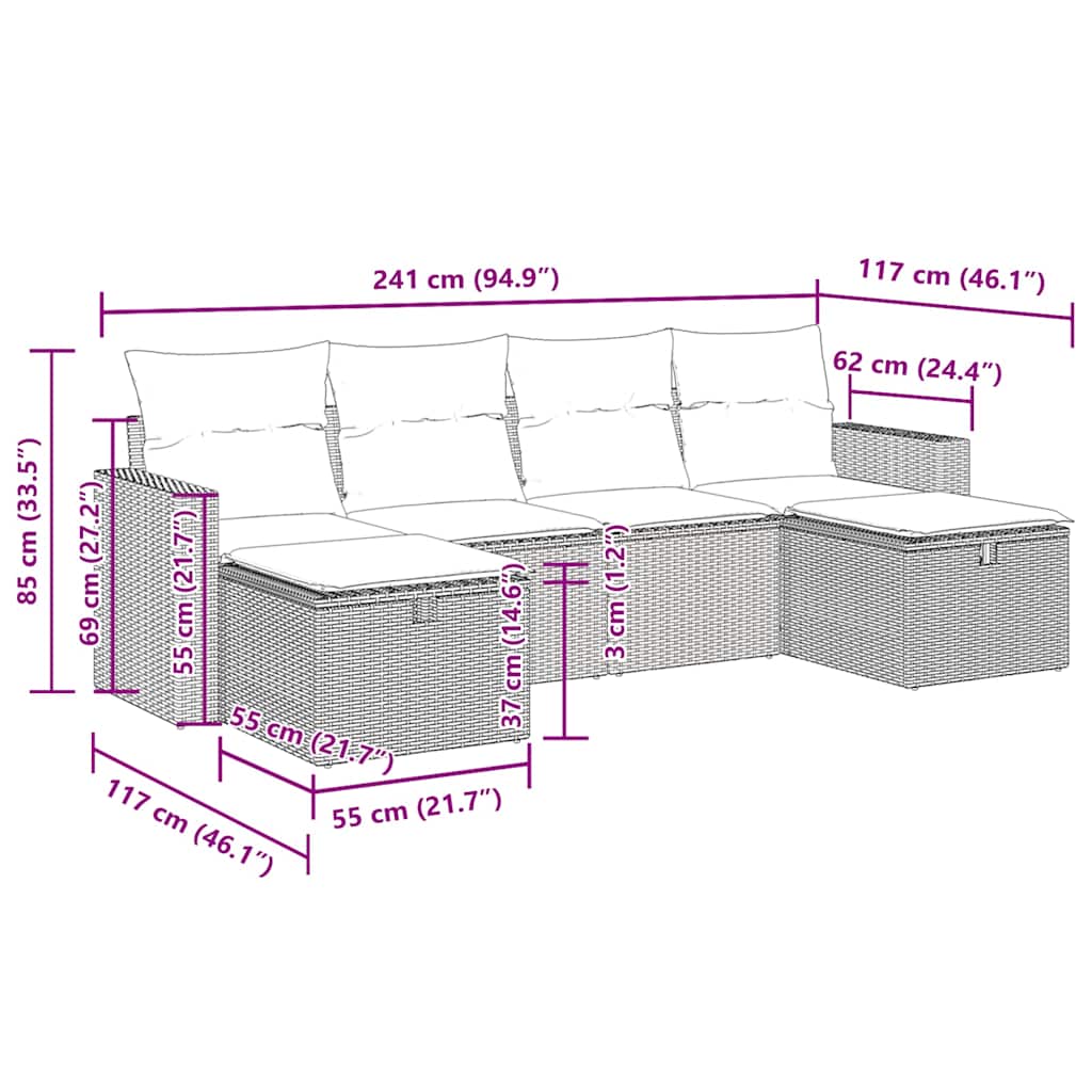 6-tlg. Garten-Sofagarnitur mit Kissen Braun Poly Rattan