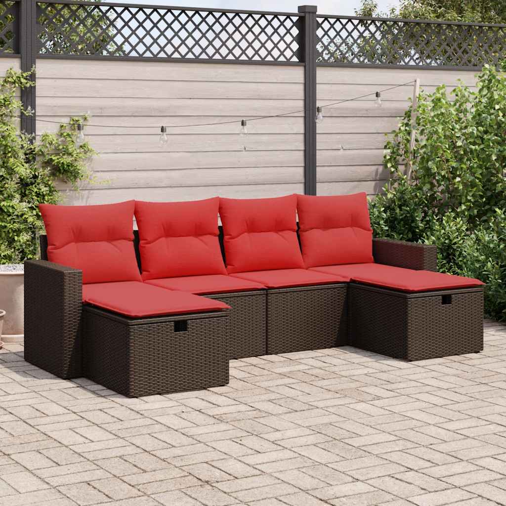 6-tlg. Garten-Sofagarnitur mit Kissen Braun Poly Rattan