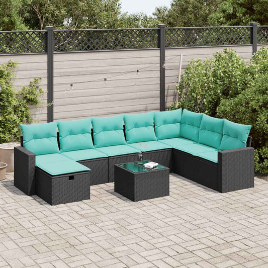 9-tlg. Garten-Sofagarnitur mit Kissen Schwarz Poly Rattan