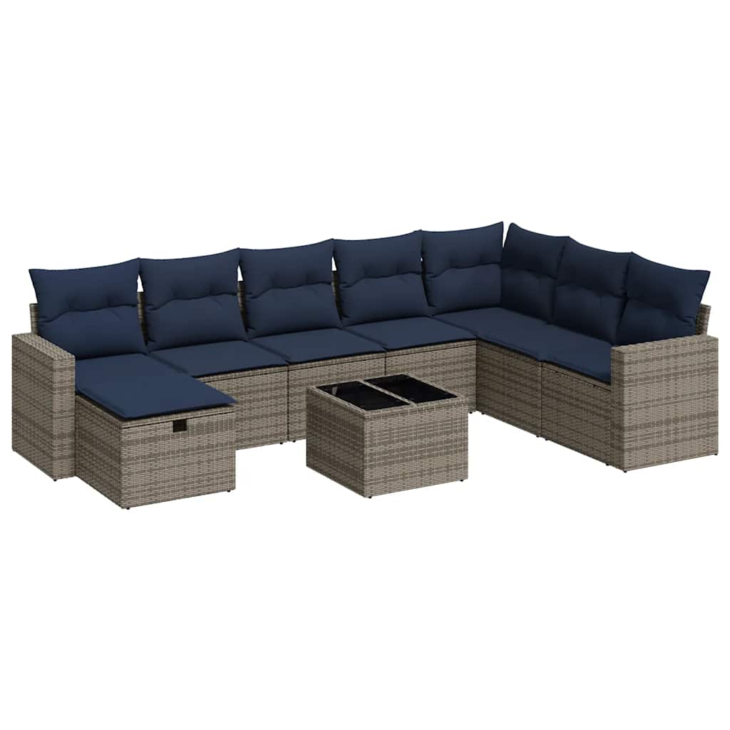 9-tlg. Garten-Sofagarnitur mit Kissen Grau Poly Rattan