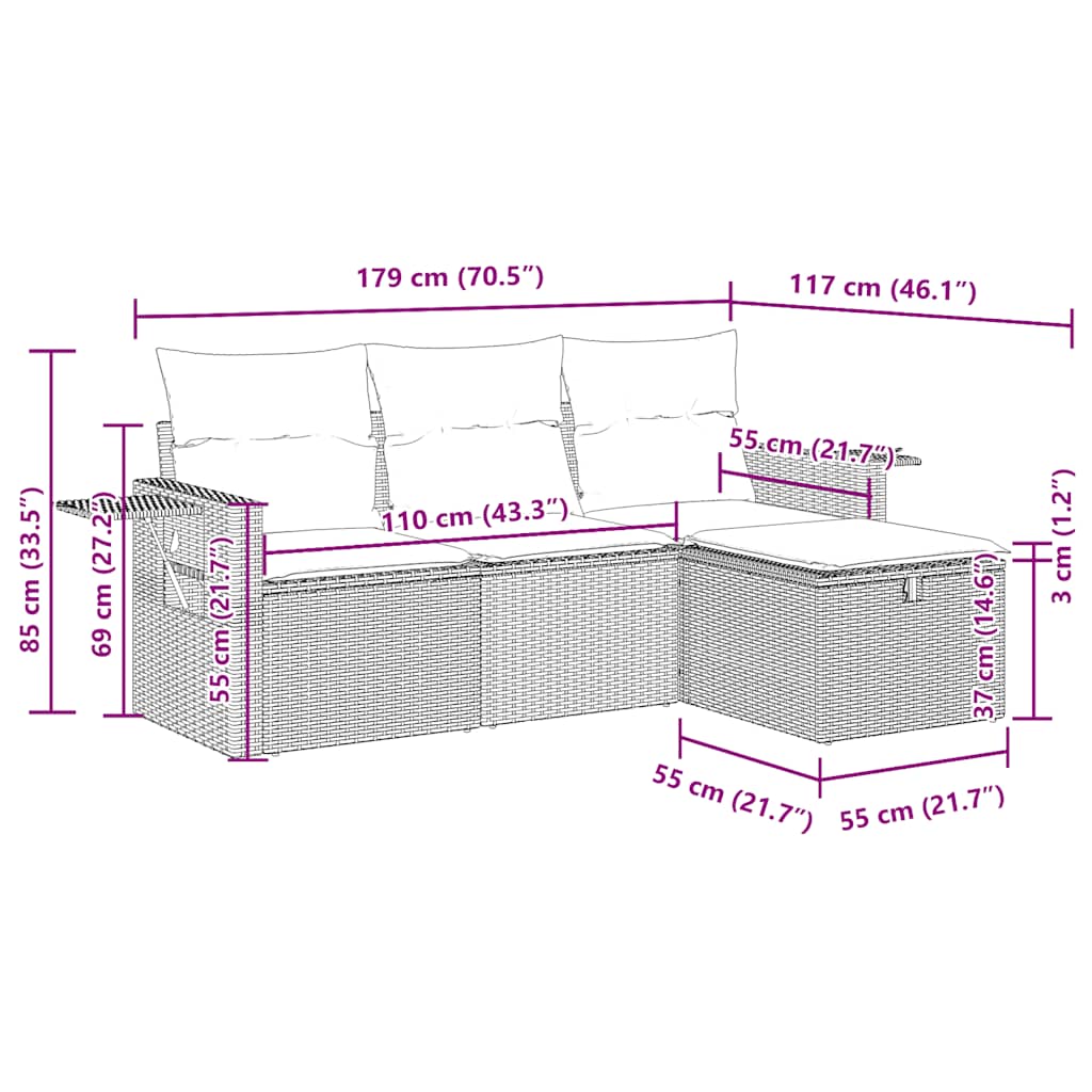 4-tlg. Garten-Sofagarnitur mit Kissen Schwarz Poly Rattan
