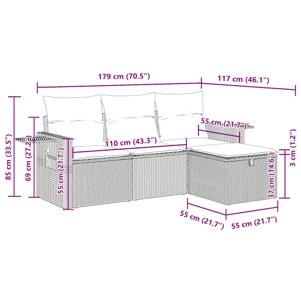 4-tlg. Garten-Sofagarnitur mit Kissen Beige Poly Rattan
