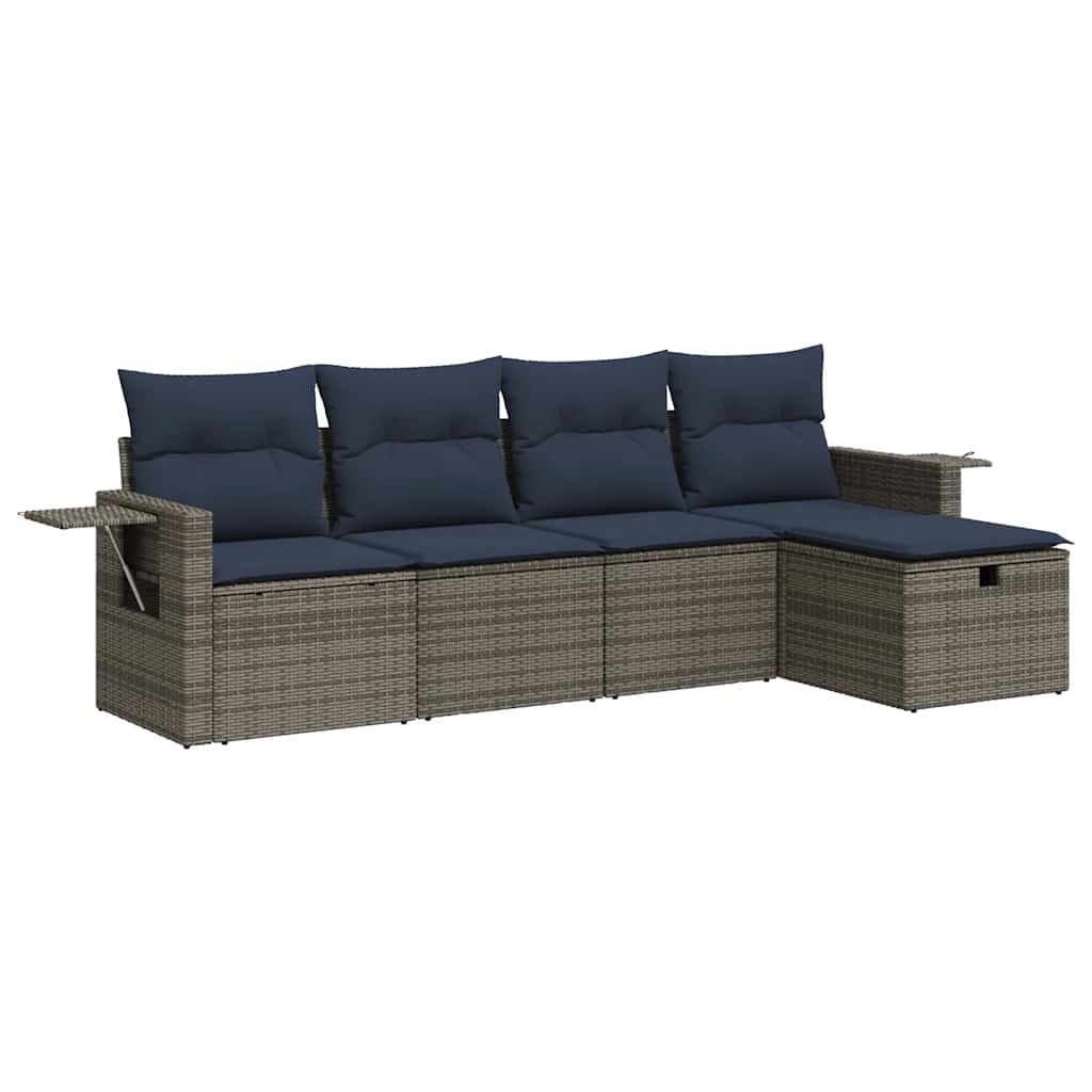 5-tlg. Garten-Sofagarnitur mit Kissen Grau Poly Rattan
