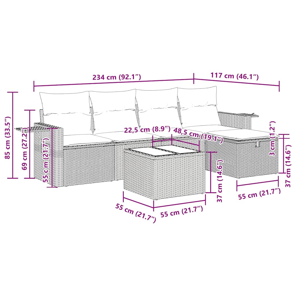 6-tlg. Garten-Sofagarnitur mit Kissen Schwarz Poly Rattan