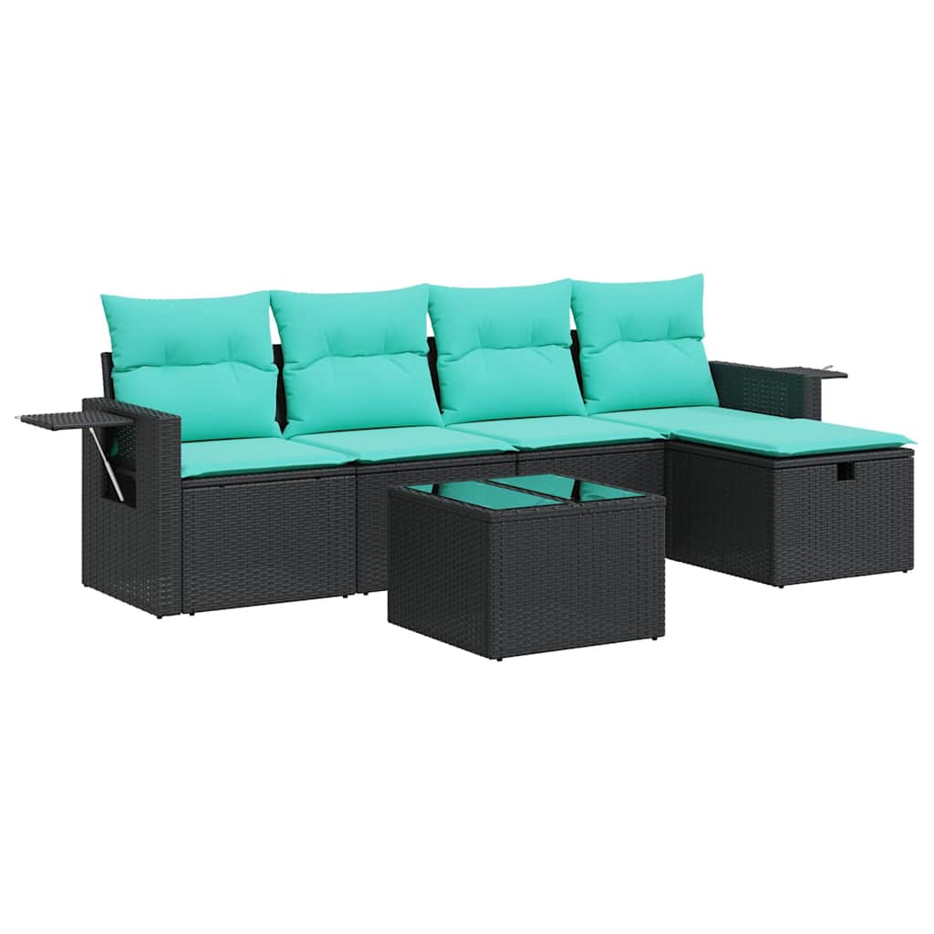 6-tlg. Garten-Sofagarnitur mit Kissen Schwarz Poly Rattan