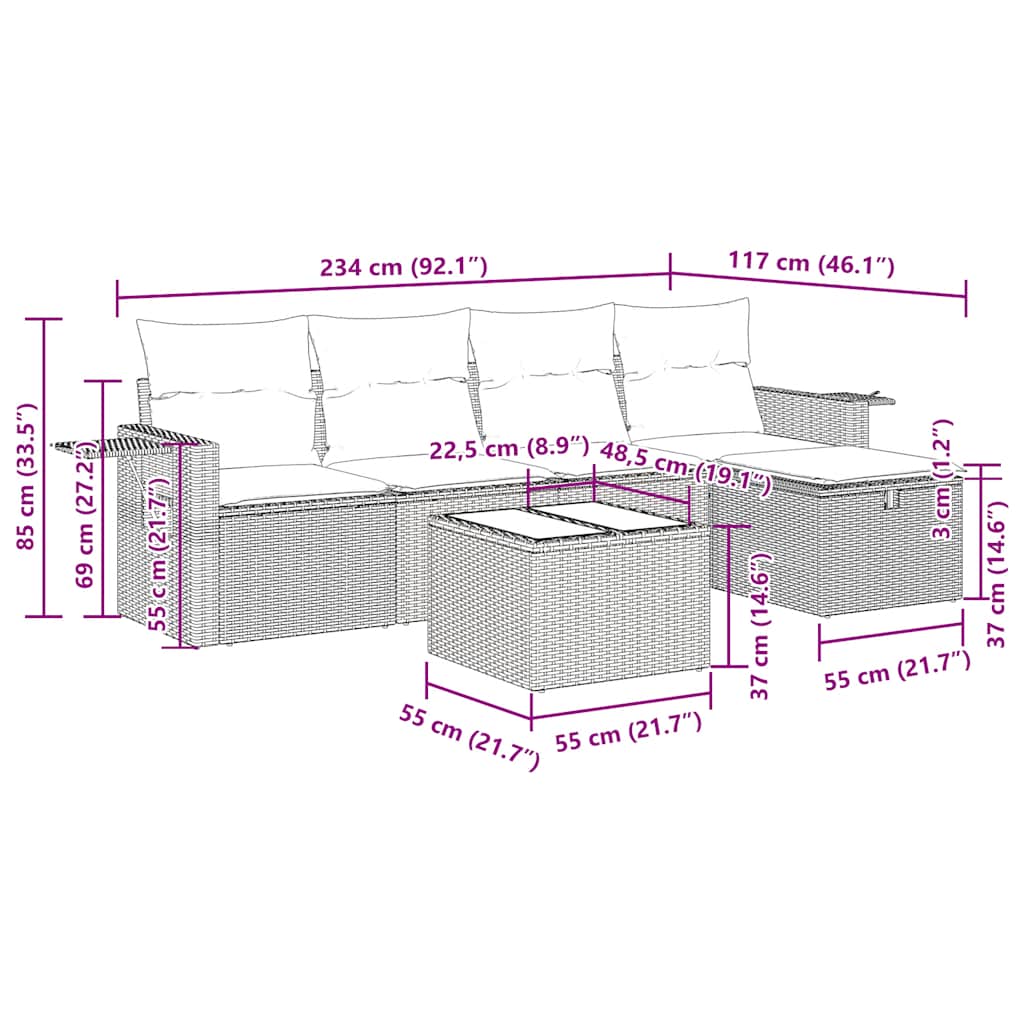6-tlg. Garten-Sofagarnitur mit Kissen Beige Poly Rattan