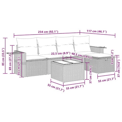 6-tlg. Garten-Sofagarnitur mit Kissen Grau Poly Rattan
