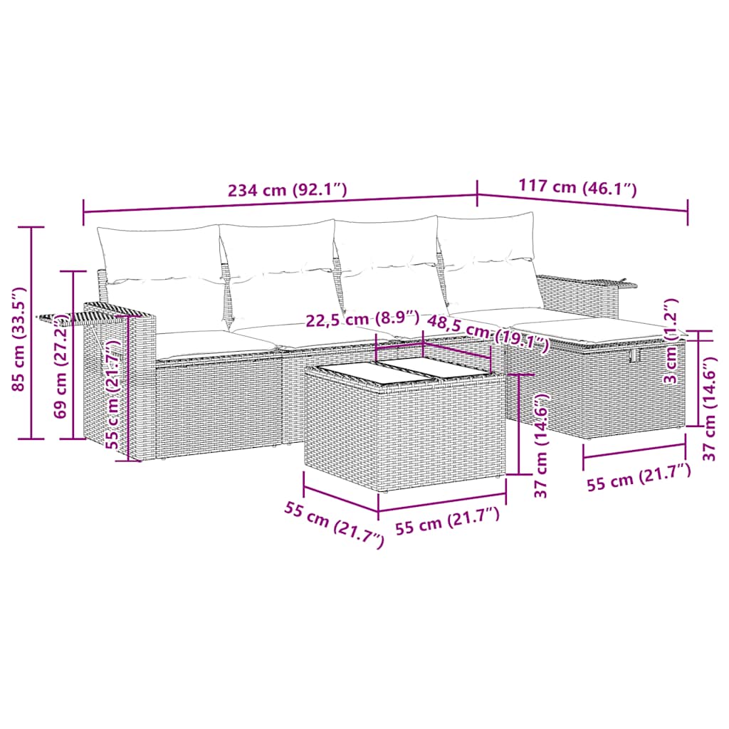 6-tlg. Garten-Sofagarnitur mit Kissen Grau Poly Rattan