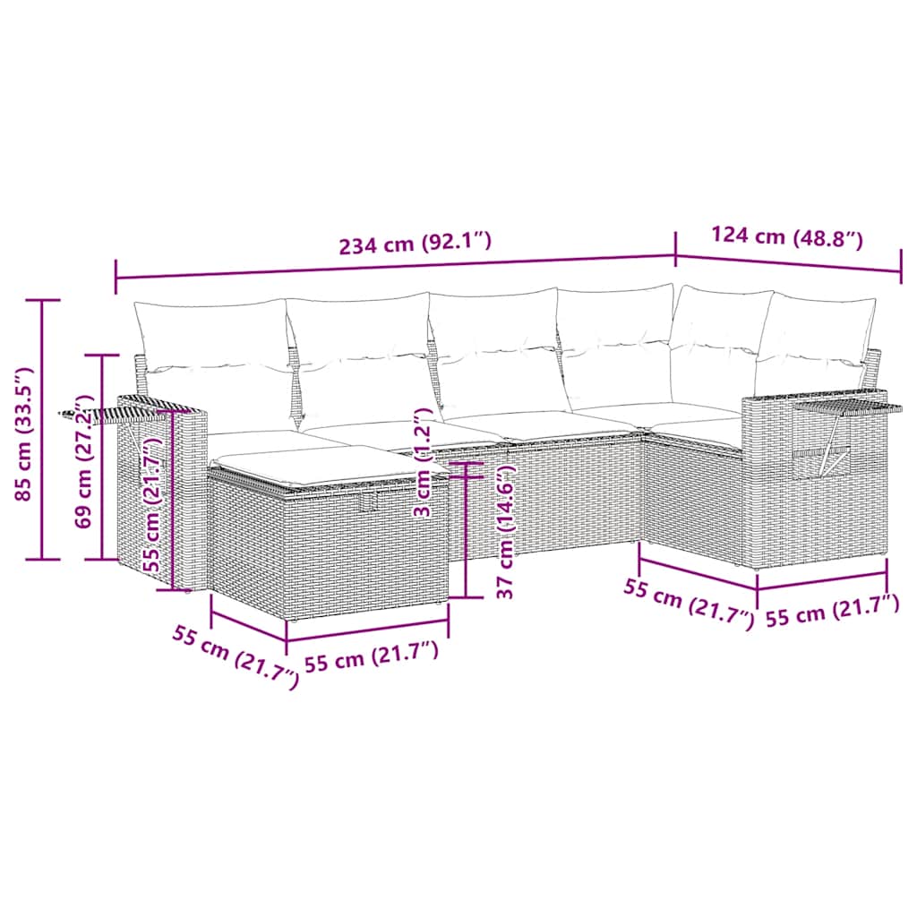 6-tlg. Garten-Sofagarnitur mit Kissen Schwarz Poly Rattan