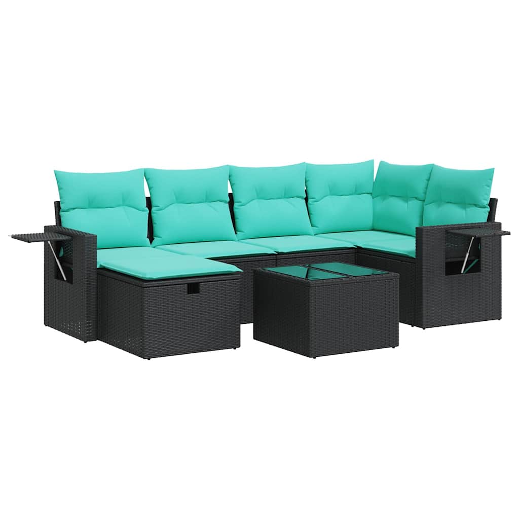 7-tlg. Garten-Sofagarnitur mit Kissen Schwarz Poly Rattan
