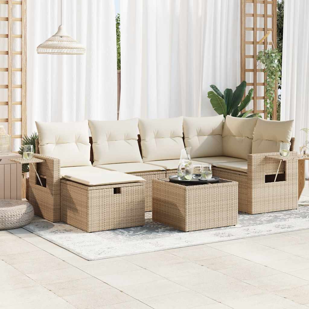 7-tlg. Garten-Sofagarnitur mit Kissen Beige Poly Rattan