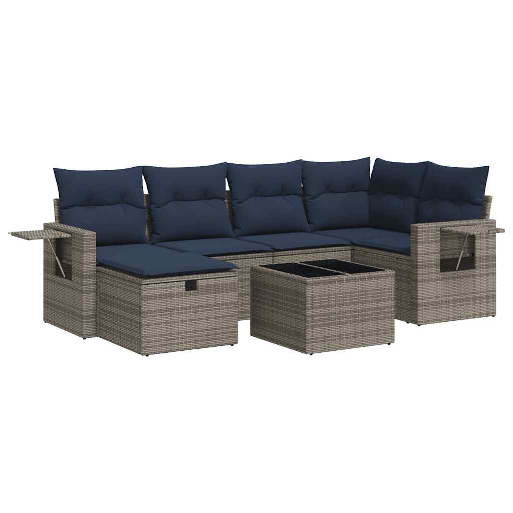 7-tlg. Garten-Sofagarnitur mit Kissen Grau Poly Rattan