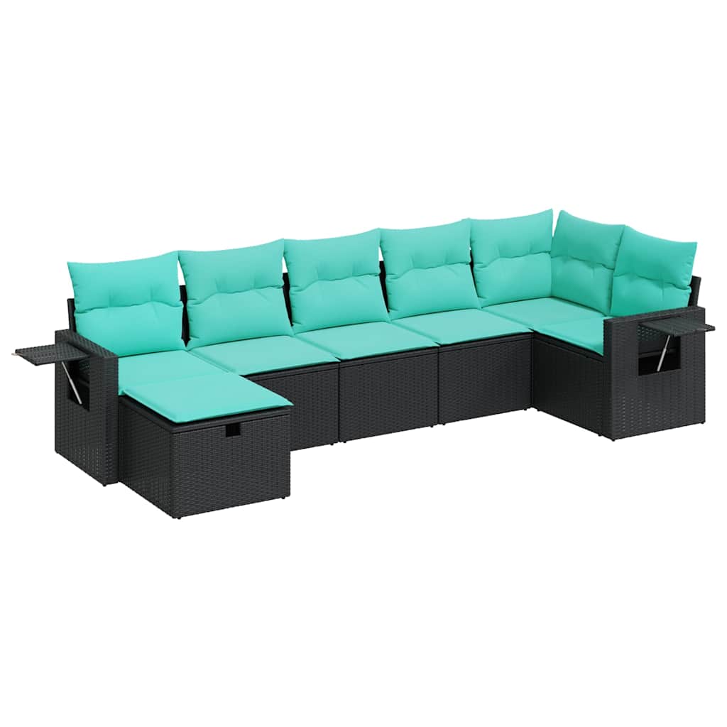7-tlg. Garten-Sofagarnitur mit Kissen Schwarz Poly Rattan