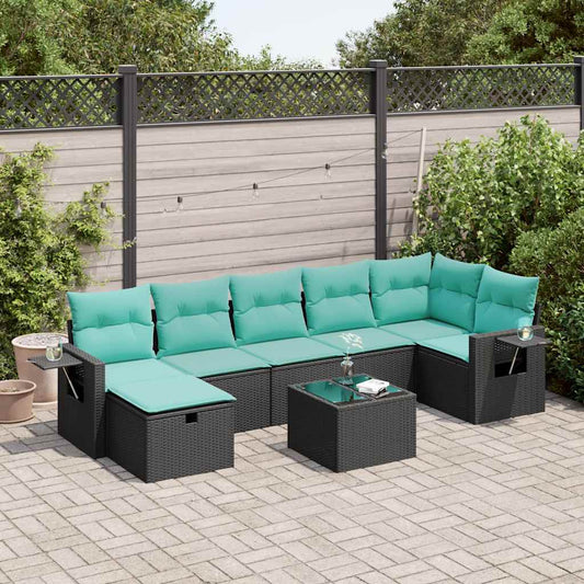 8-tlg. Garten-Sofagarnitur mit Kissen Schwarz Poly Rattan