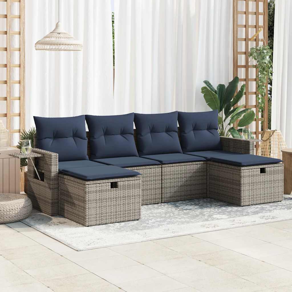6-tlg. Garten-Sofagarnitur mit Kissen Grau Poly Rattan