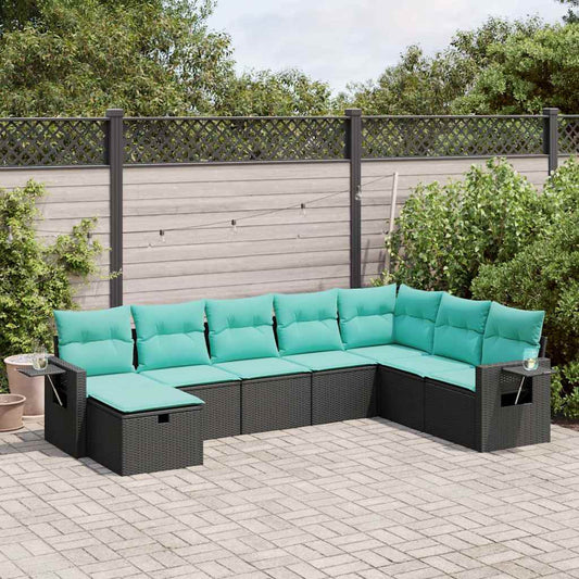 8-tlg. Garten-Sofagarnitur mit Kissen Schwarz Poly Rattan