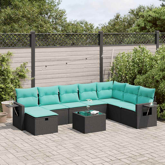 9-tlg. Garten-Sofagarnitur mit Kissen Schwarz Poly Rattan