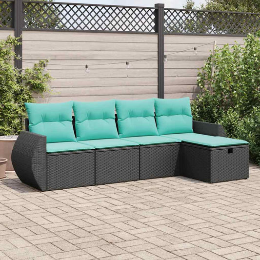 5-tlg. Garten-Sofagarnitur mit Kissen Schwarz Poly Rattan