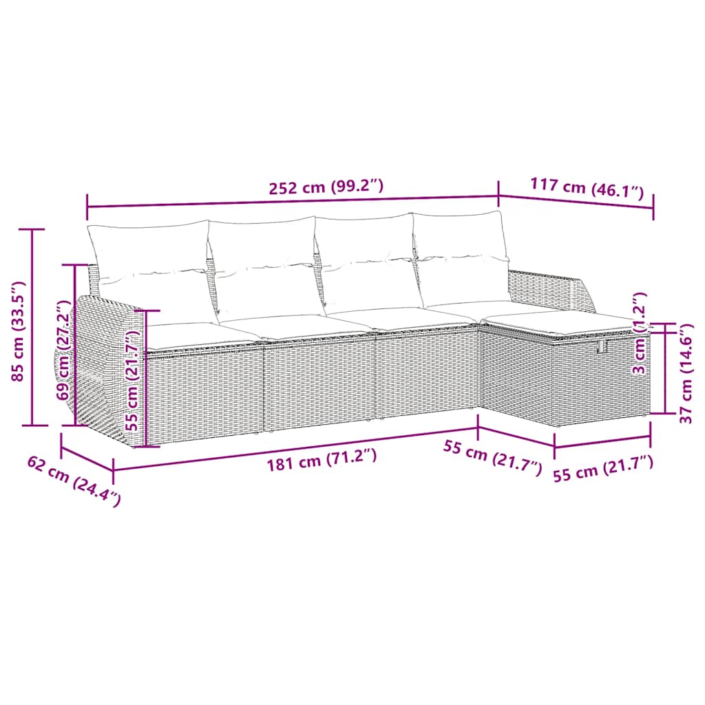5-tlg. Garten-Sofagarnitur mit Kissen Braun Poly Rattan