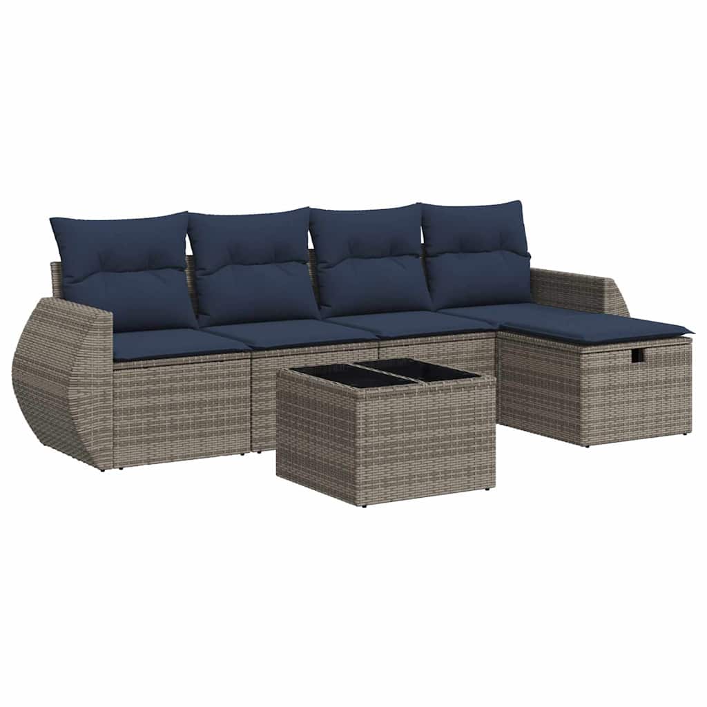 6-tlg. Garten-Sofagarnitur mit Kissen Grau Poly Rattan
