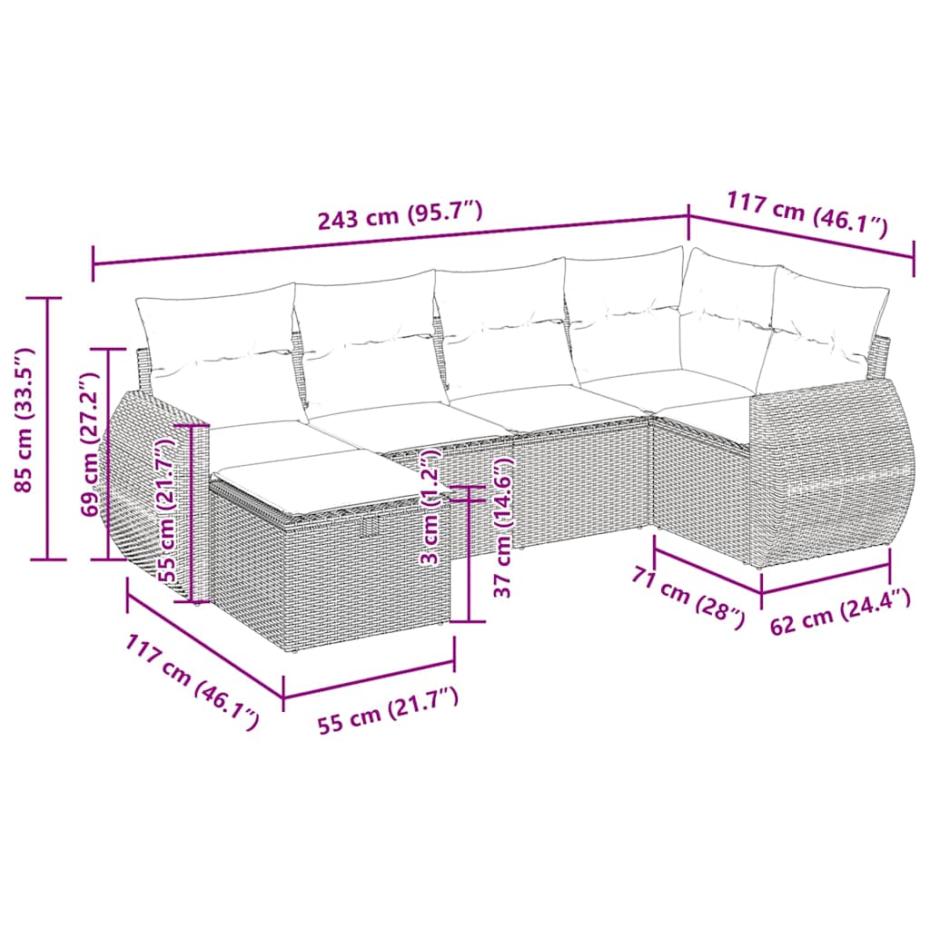 6-tlg. Garten-Sofagarnitur mit Kissen Beige Poly Rattan