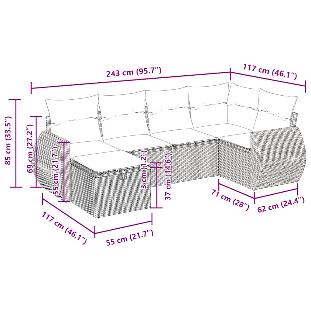 6-tlg. Garten-Sofagarnitur mit Kissen Braun Poly Rattan