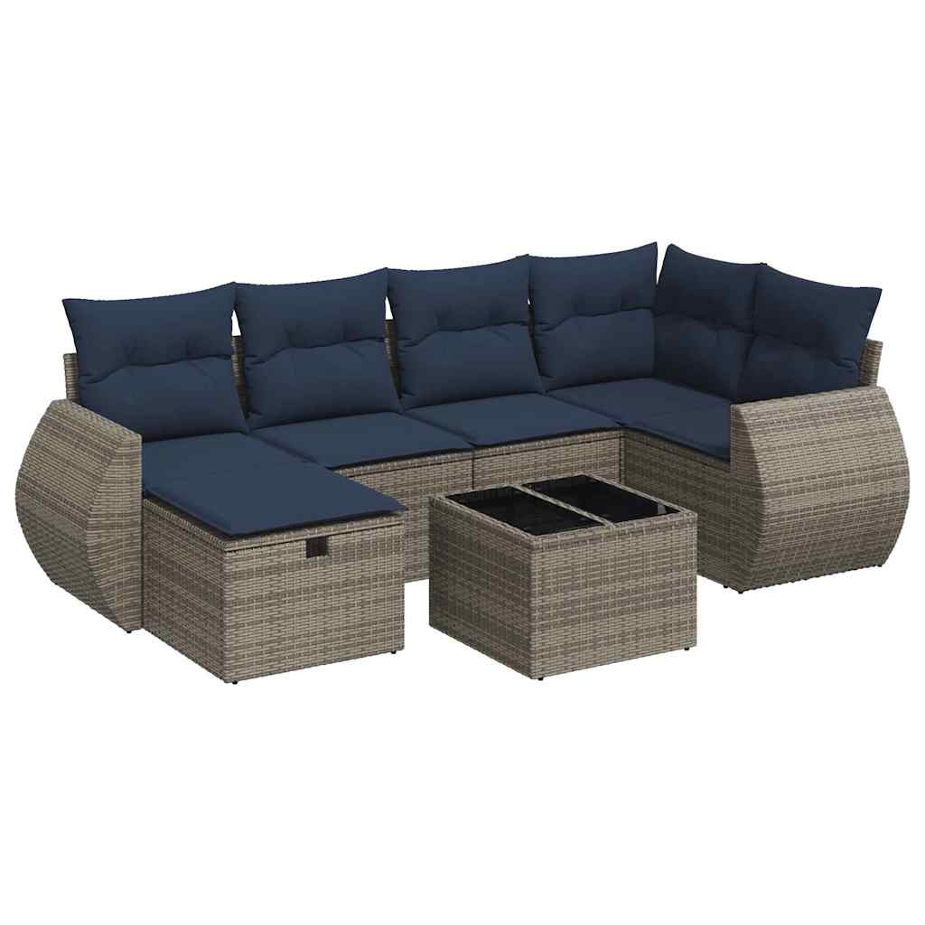 7-tlg. Garten-Sofagarnitur mit Kissen Grau Poly Rattan