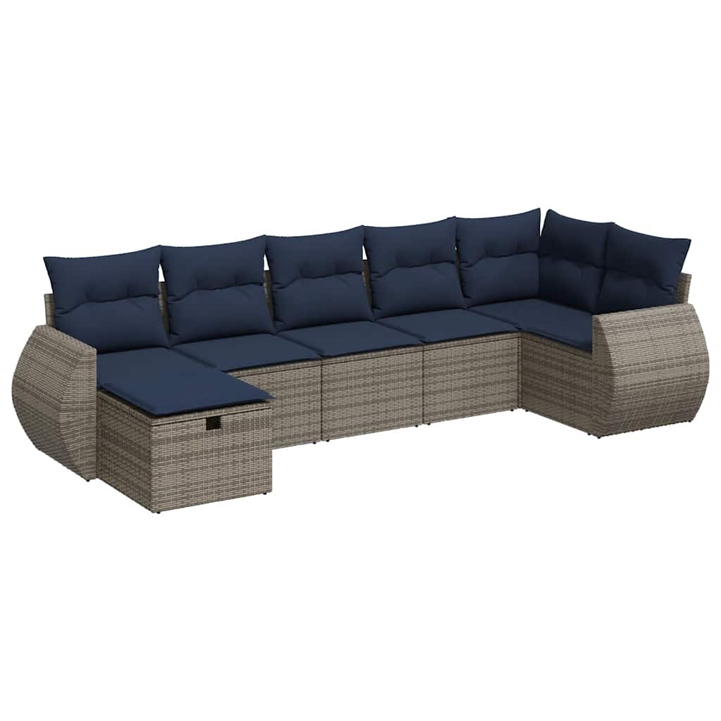 7-tlg. Garten-Sofagarnitur mit Kissen Grau Poly Rattan