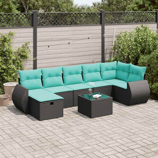 8-tlg. Garten-Sofagarnitur mit Kissen Schwarz Poly Rattan