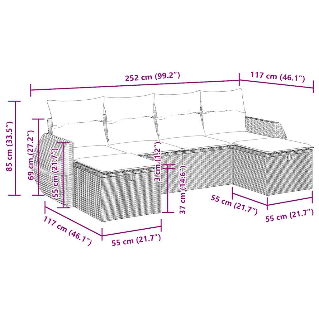 6-tlg. Garten-Sofagarnitur mit Kissen Schwarz Poly Rattan