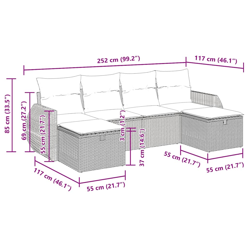 6-tlg. Garten-Sofagarnitur mit Kissen Schwarz Poly Rattan
