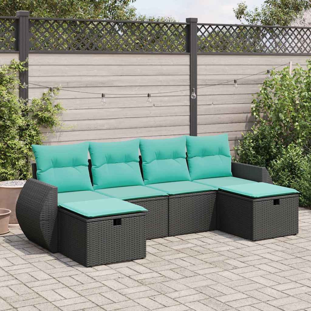 6-tlg. Garten-Sofagarnitur mit Kissen Schwarz Poly Rattan