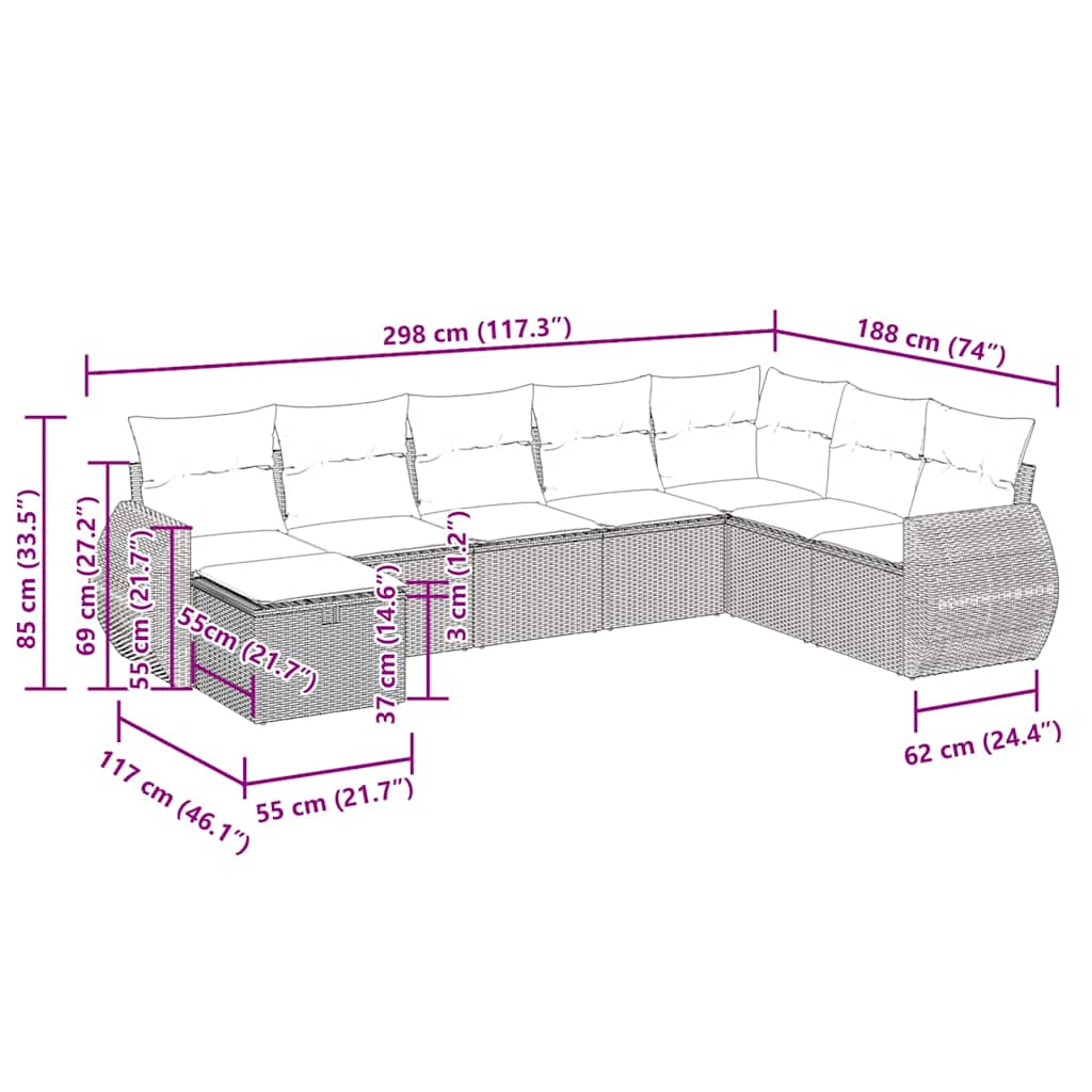 8-tlg. Garten-Sofagarnitur mit Kissen Grau Poly Rattan
