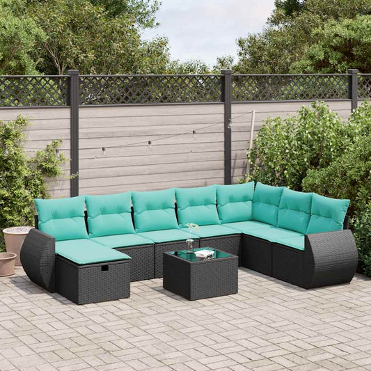 9-tlg. Garten-Sofagarnitur mit Kissen Schwarz Poly Rattan