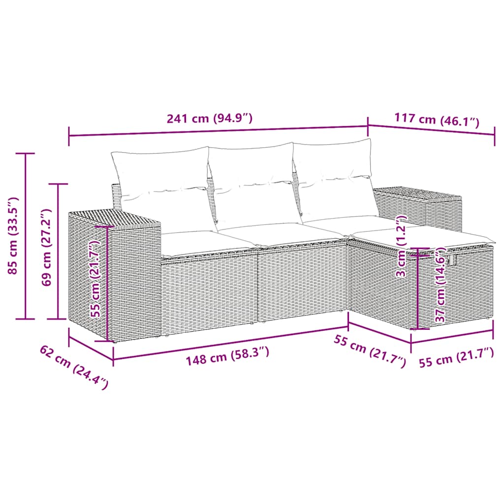 4-tlg. Garten-Sofagarnitur mit Kissen Grau Poly Rattan