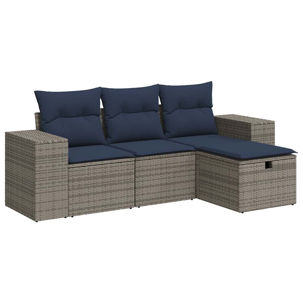 4-tlg. Garten-Sofagarnitur mit Kissen Grau Poly Rattan