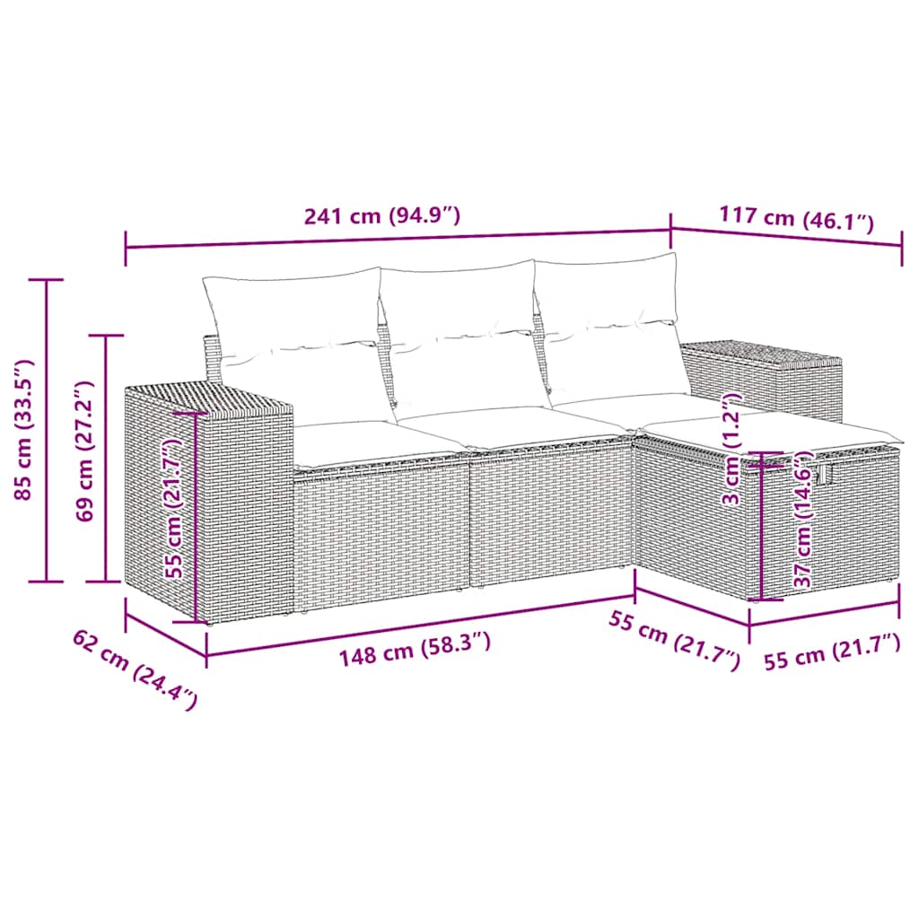 4-tlg. Garten-Sofagarnitur mit Kissen Grau Poly Rattan