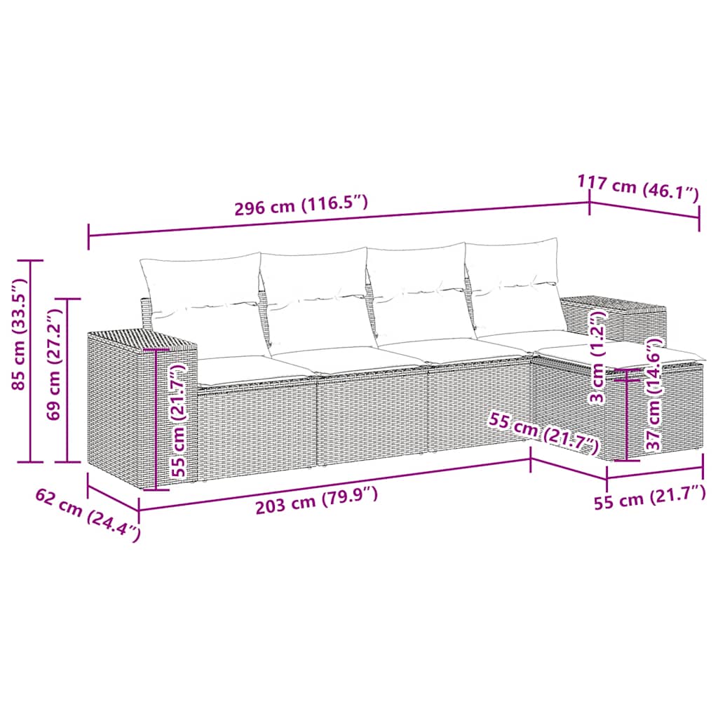 5-tlg. Garten-Sofagarnitur mit Kissen Schwarz Poly Rattan
