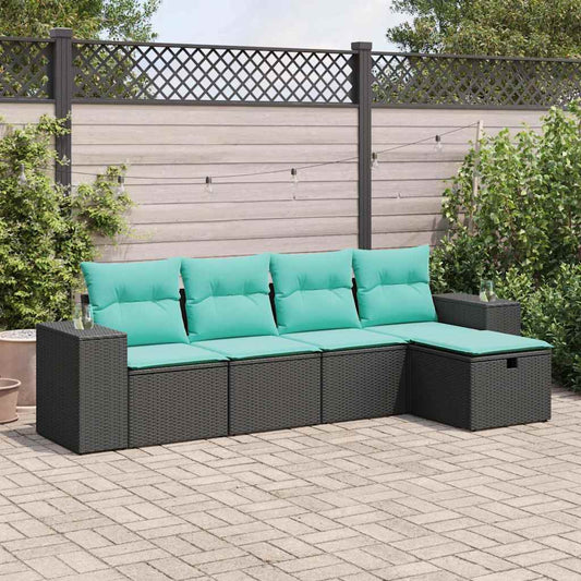 5-tlg. Garten-Sofagarnitur mit Kissen Schwarz Poly Rattan