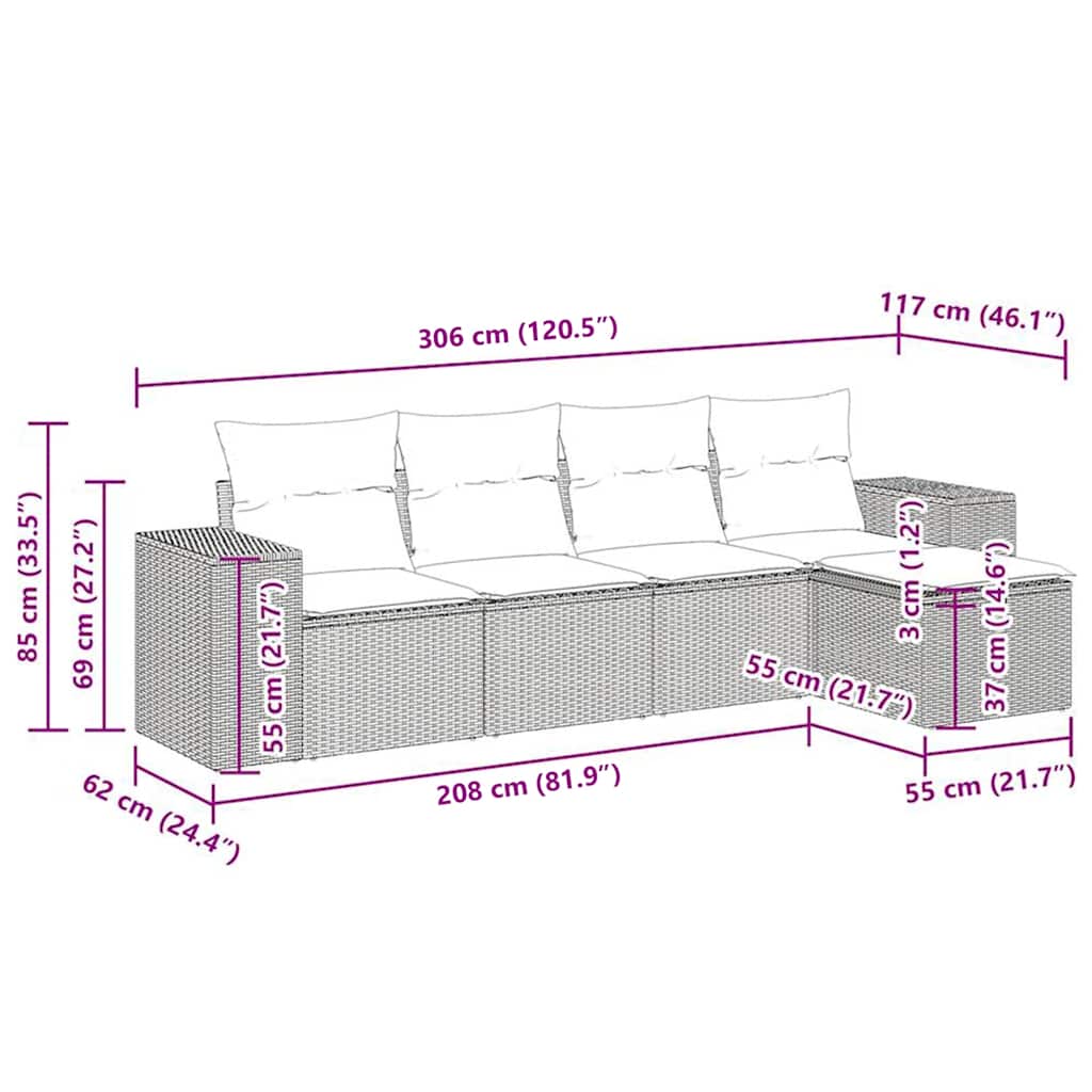 5-tlg. Garten-Sofagarnitur mit Kissen Grau Poly Rattan