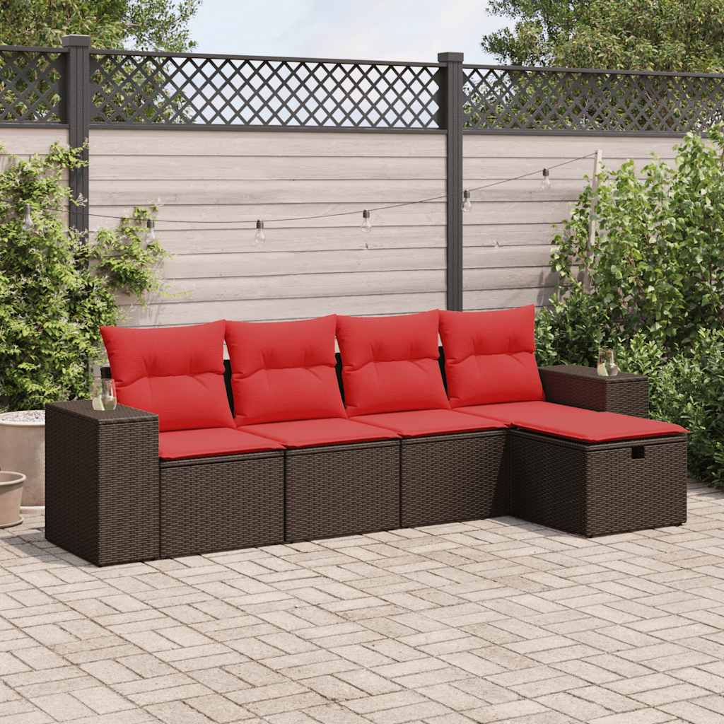 5-tlg. Garten-Sofagarnitur mit Kissen Braun Poly Rattan