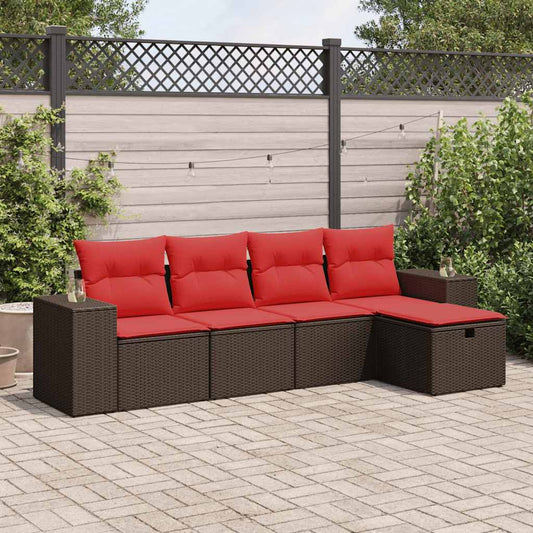 5-tlg. Garten-Sofagarnitur mit Kissen Braun Poly Rattan