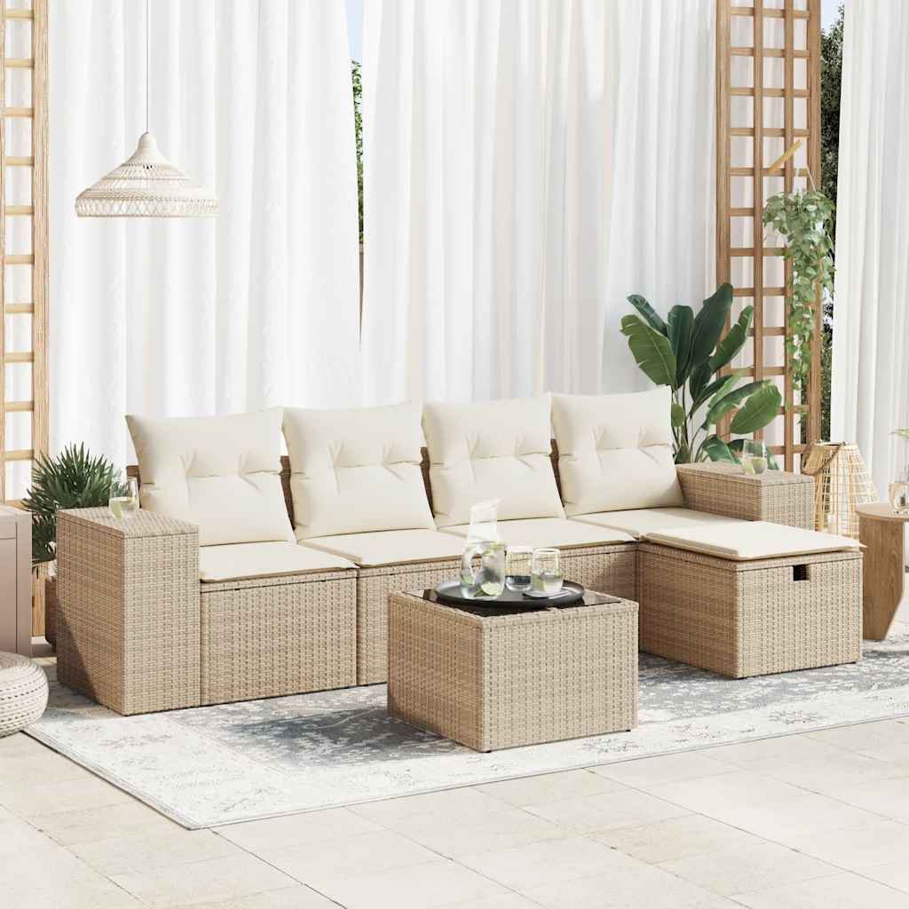 6-tlg. Garten-Sofagarnitur mit Kissen Beige Poly Rattan